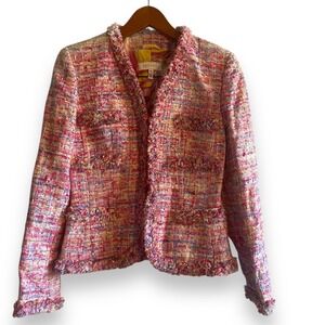 Escada Tweed Jacket Multi Color Fringe Wool Blend Blazer Sz 36 Small Silk Lining